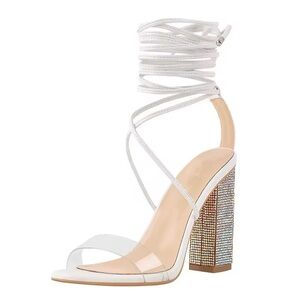 Core Collection Rhinestone Chunky High Heel White Lace Up Sandals Size 11